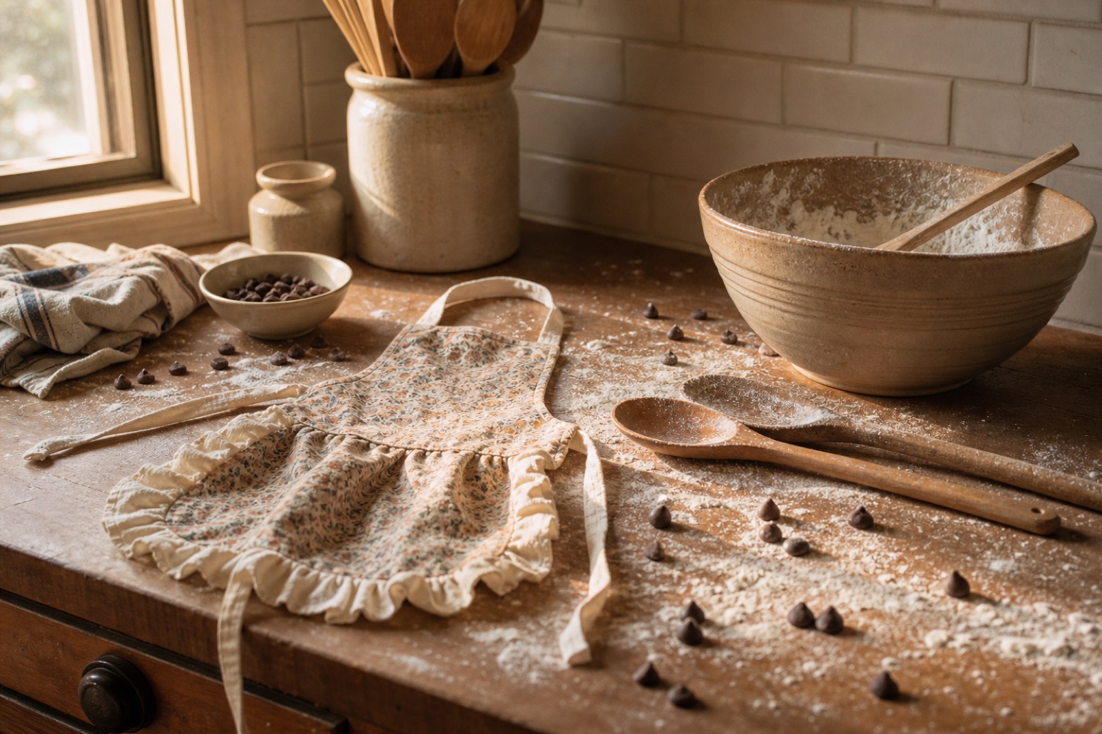A flour-dusted counter with a tiny apron and mixing bowl