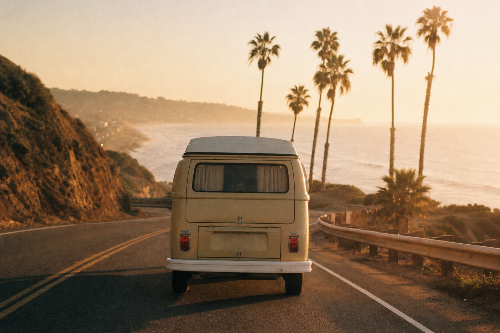 A retro camper van on a coastal highway at sunrise