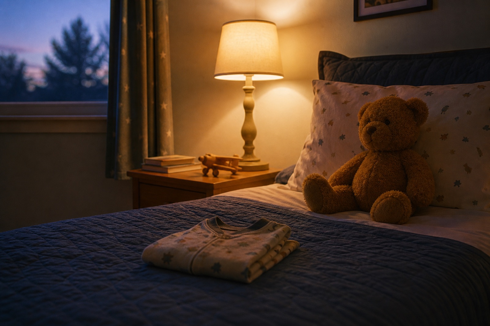 A cozy child's bedroom at dusk with warm lamp light