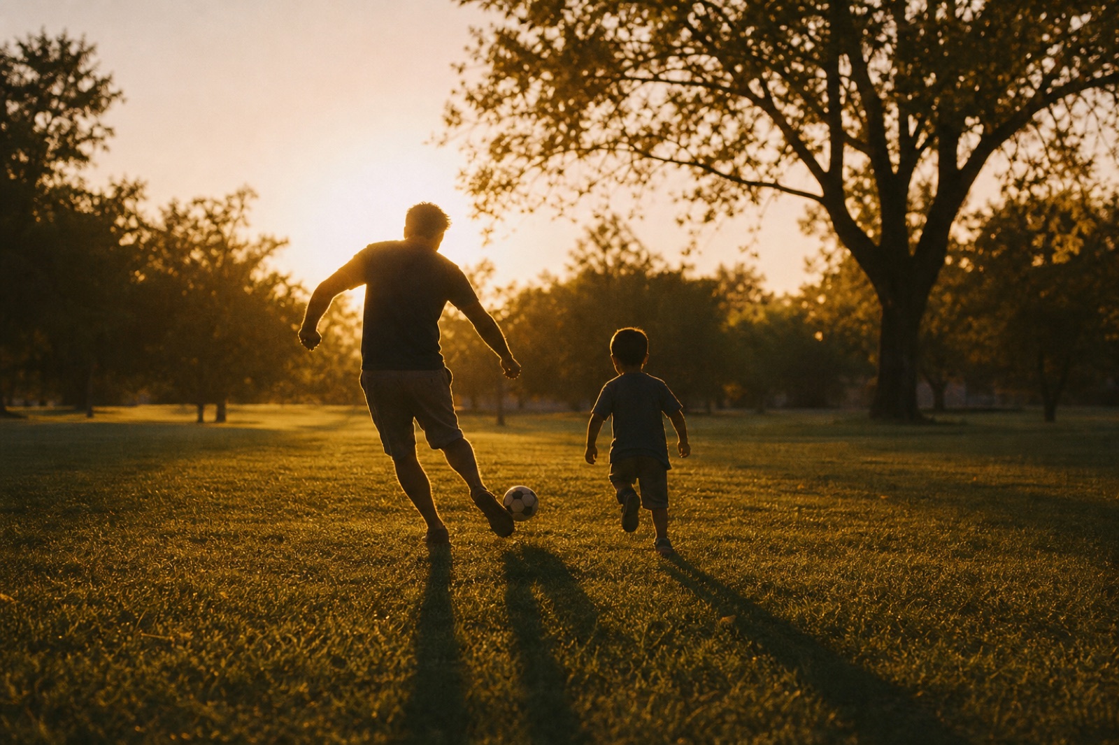 A dad and his young son playing soccer as golden silhouettes in a late-afternoon park
